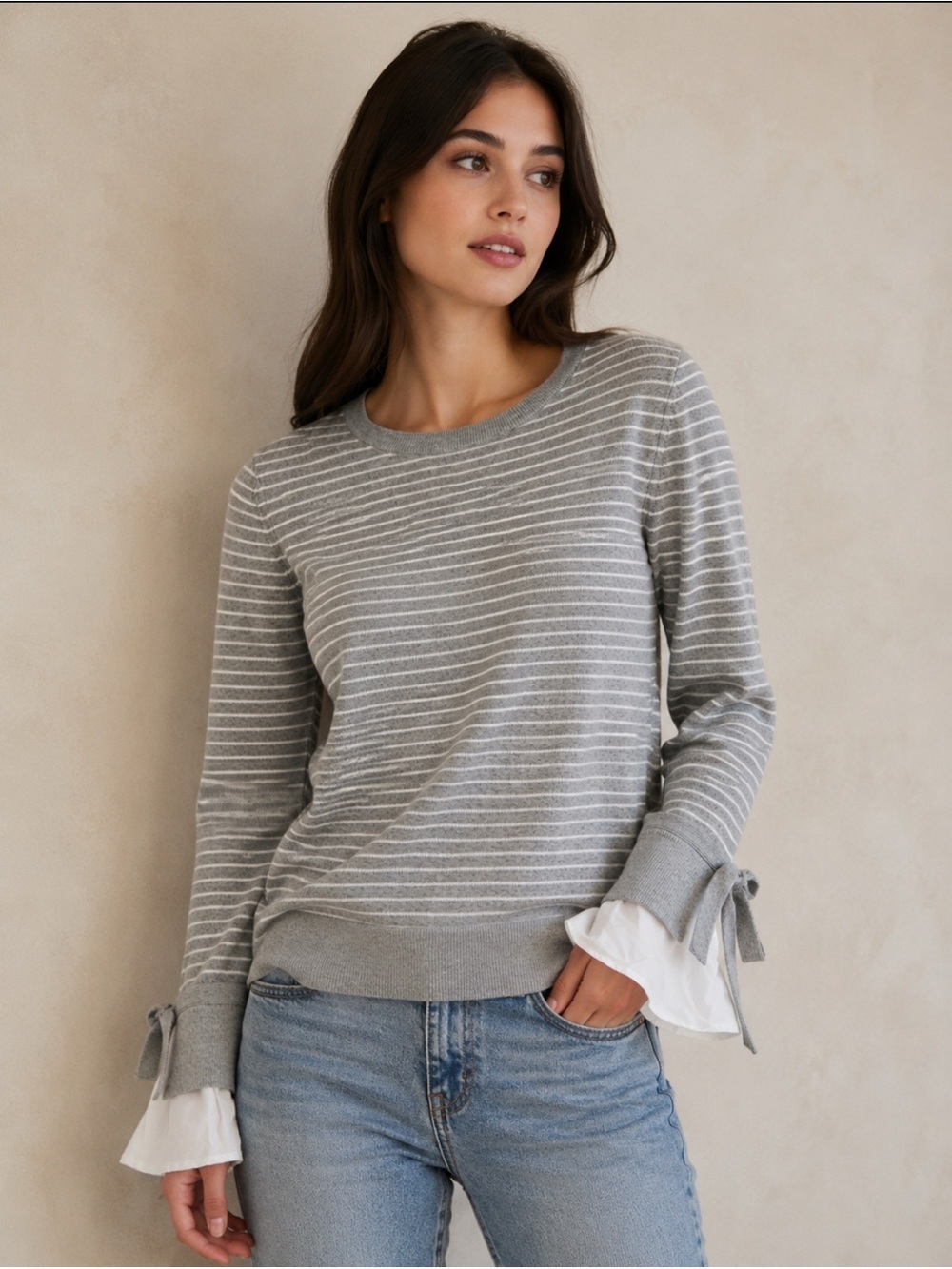 LOFT Gray and White Striped Knit Sweater with Tied Cuffs Size-Medium Soft Preppy